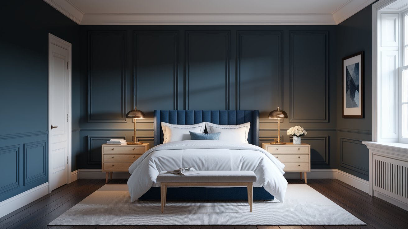 Cozy bedroom featuring blue walls and hardwood floors.