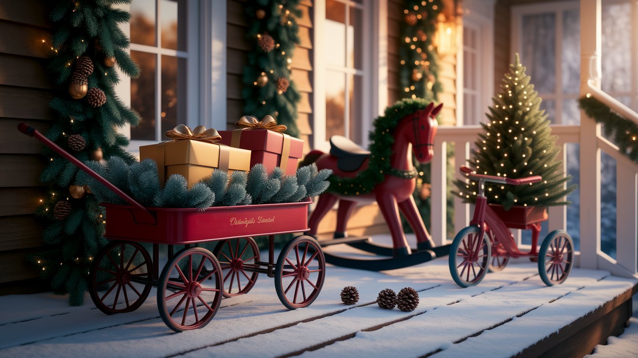 A red wagon filled with presents and a Christmas tree sits on a cozy porch, decorated for the holiday season.