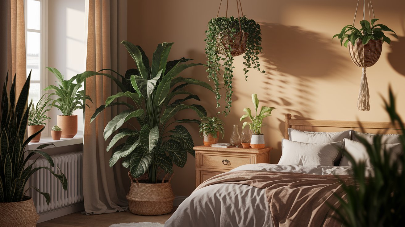 A cozy bedroom featuring a bed, a window allowing natural light, and a vibrant potted plant on the floor.