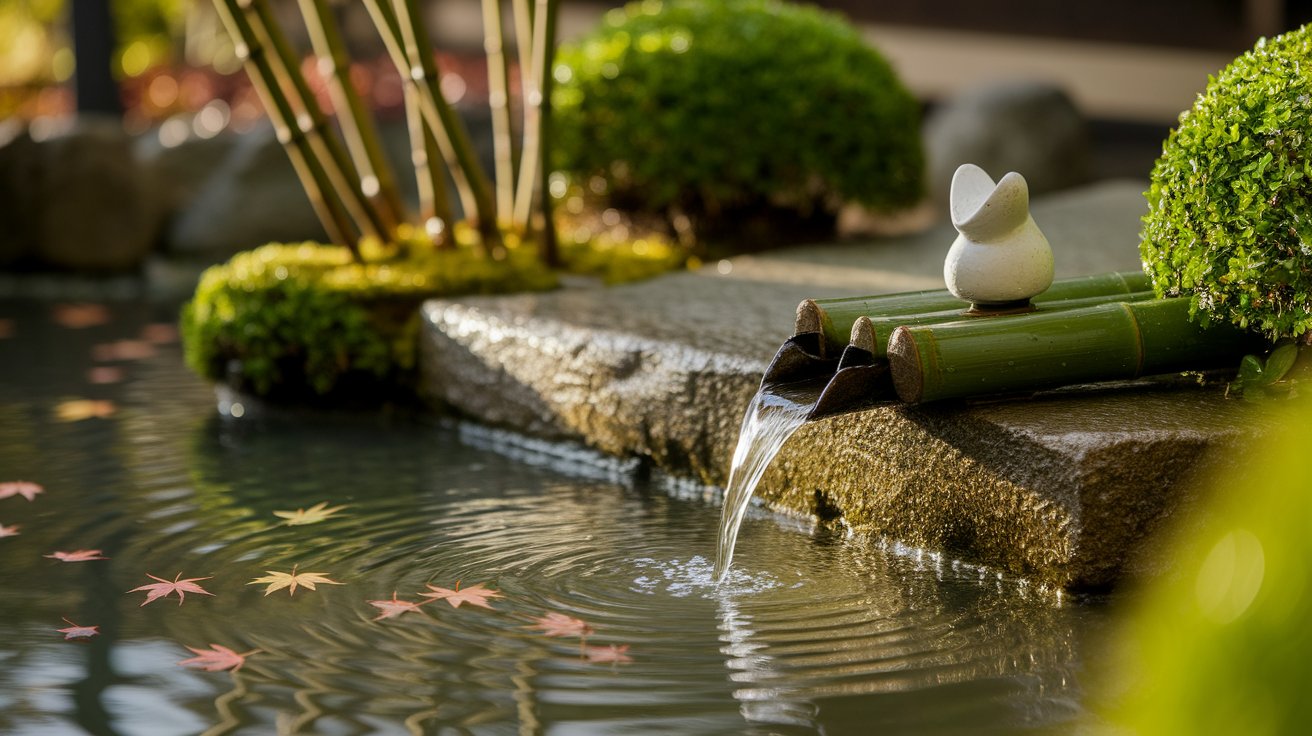 A small water fountain rests on a stone ledge, gently flowing water creating a serene atmosphere.
