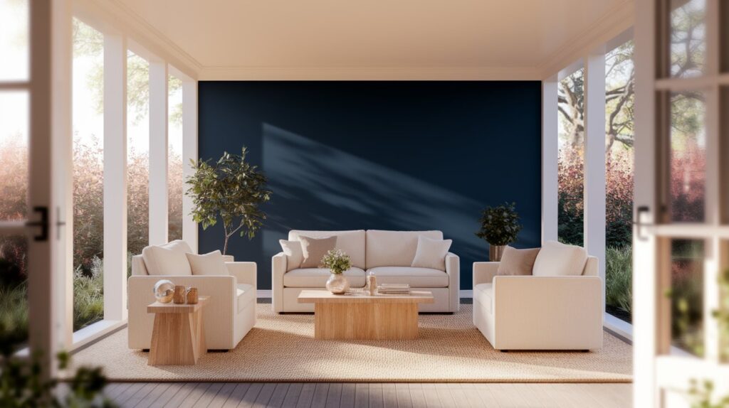 A living room featuring blue walls and stylish white furniture, creating a bright and inviting atmosphere.