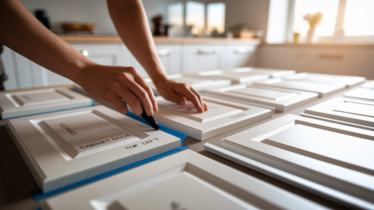 Individual applying blue paint to white cabinets, enhancing the kitchen's aesthetic with a fresh coat.