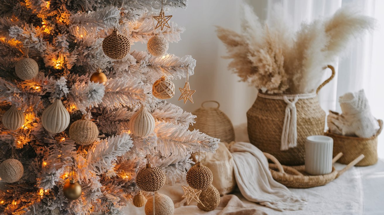 A white Christmas tree adorned with shimmering gold ornaments, creating a festive and elegant holiday display.