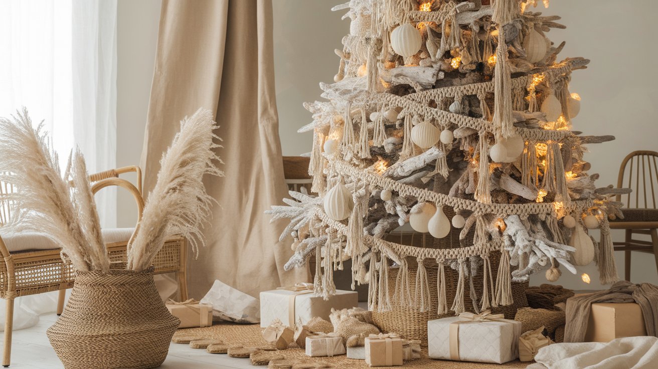 A decorated Christmas tree with white ornaments stands on a soft white rug, creating a festive holiday atmosphere.
