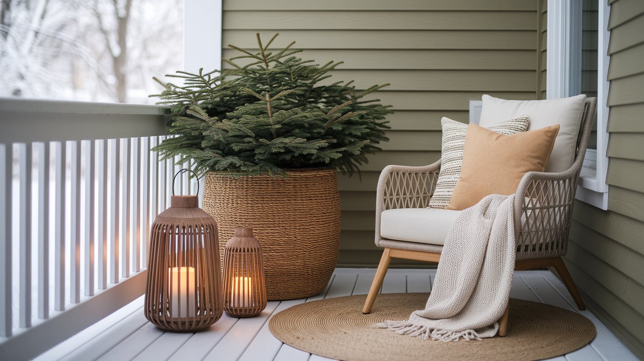 A wicker chair beside a potted plant on a cozy porch, creating a welcoming outdoor seating area.
