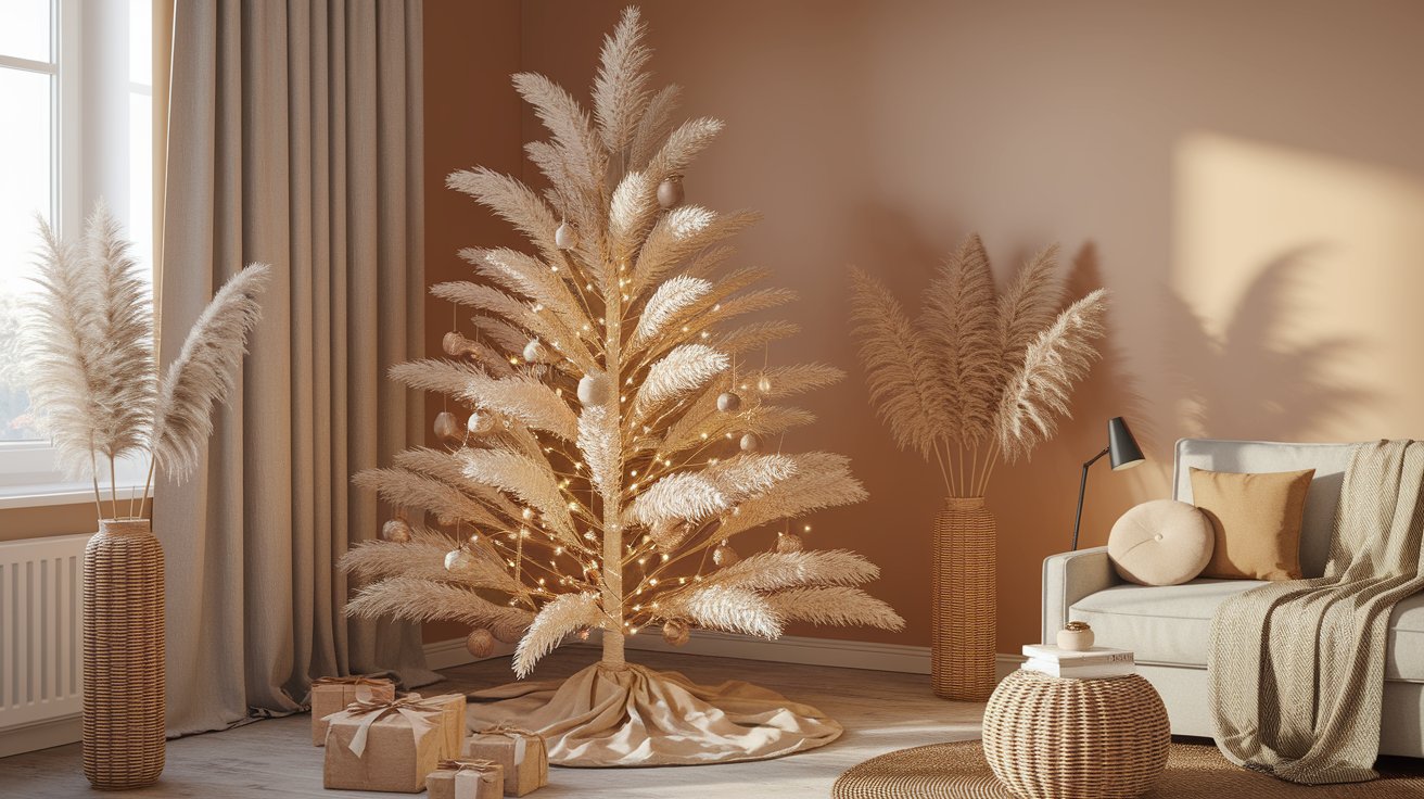 A cozy living room featuring a white couch, a decorative tree, and a soft rug on the floor.