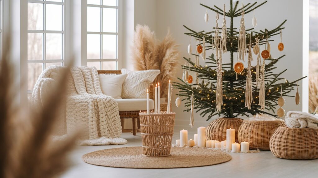 A cozy room featuring a decorated Christmas tree, flickering candles, and a soft rug on the floor.