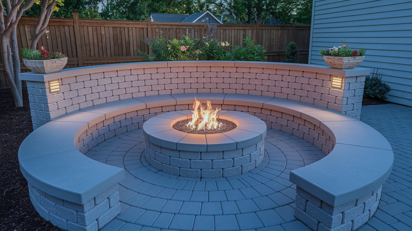 A cozy fire pit surrounded by brick walls in a backyard setting, perfect for outdoor gatherings.