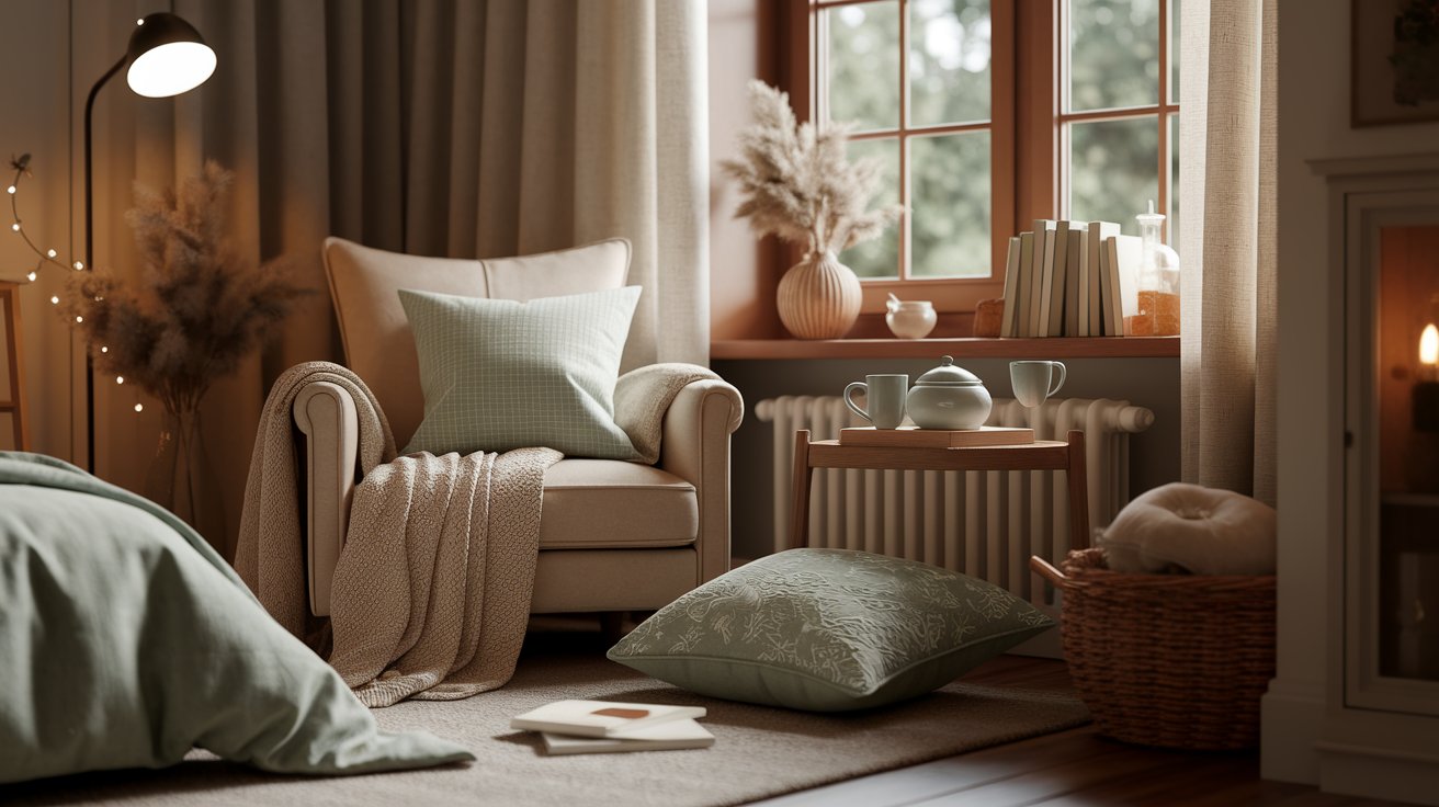 A cozy bedroom featuring a bed, a chair, and a lamp, creating a warm and inviting atmosphere.
