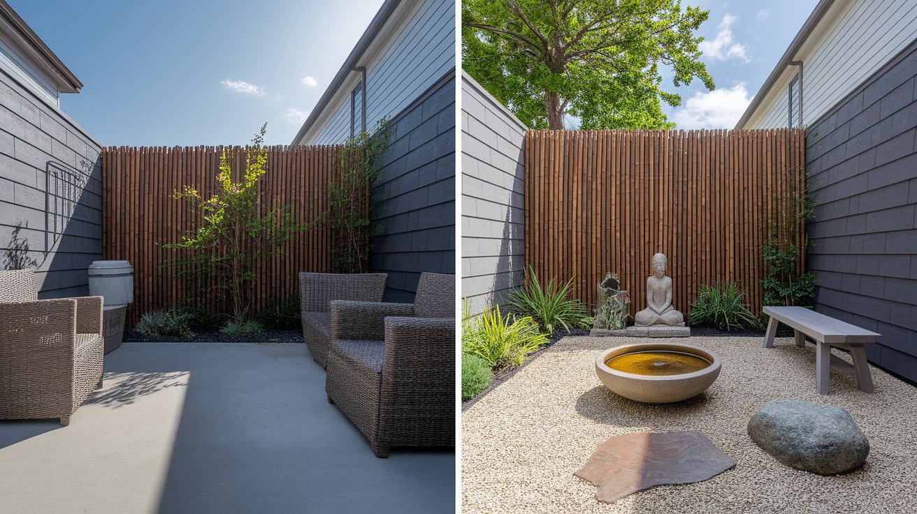 A small backyard featuring a patio surrounded by a wooden fence, creating an intimate outdoor space.
