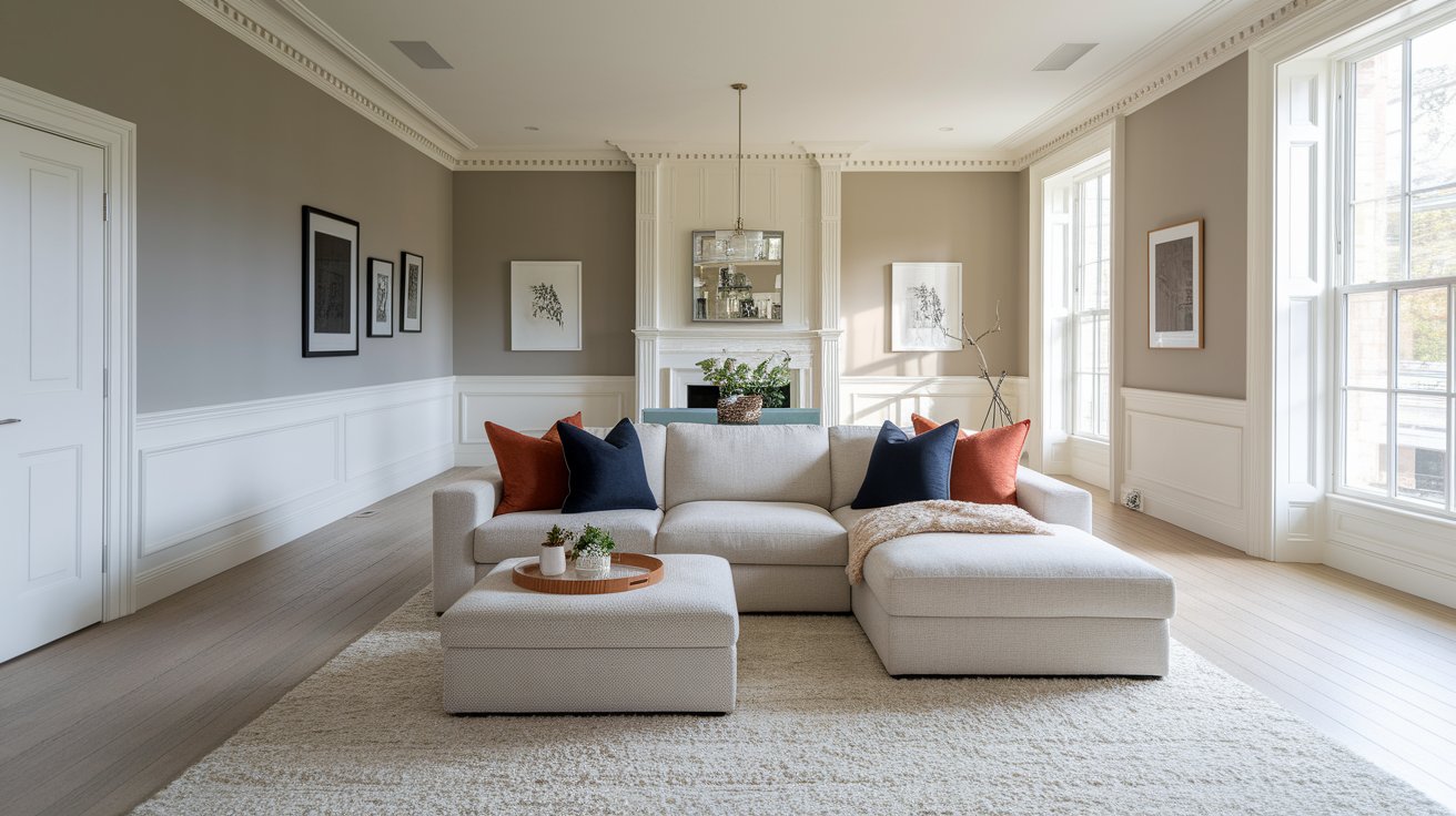 A cozy living room featuring a white couch and matching ottoman, creating a bright and inviting atmosphere.