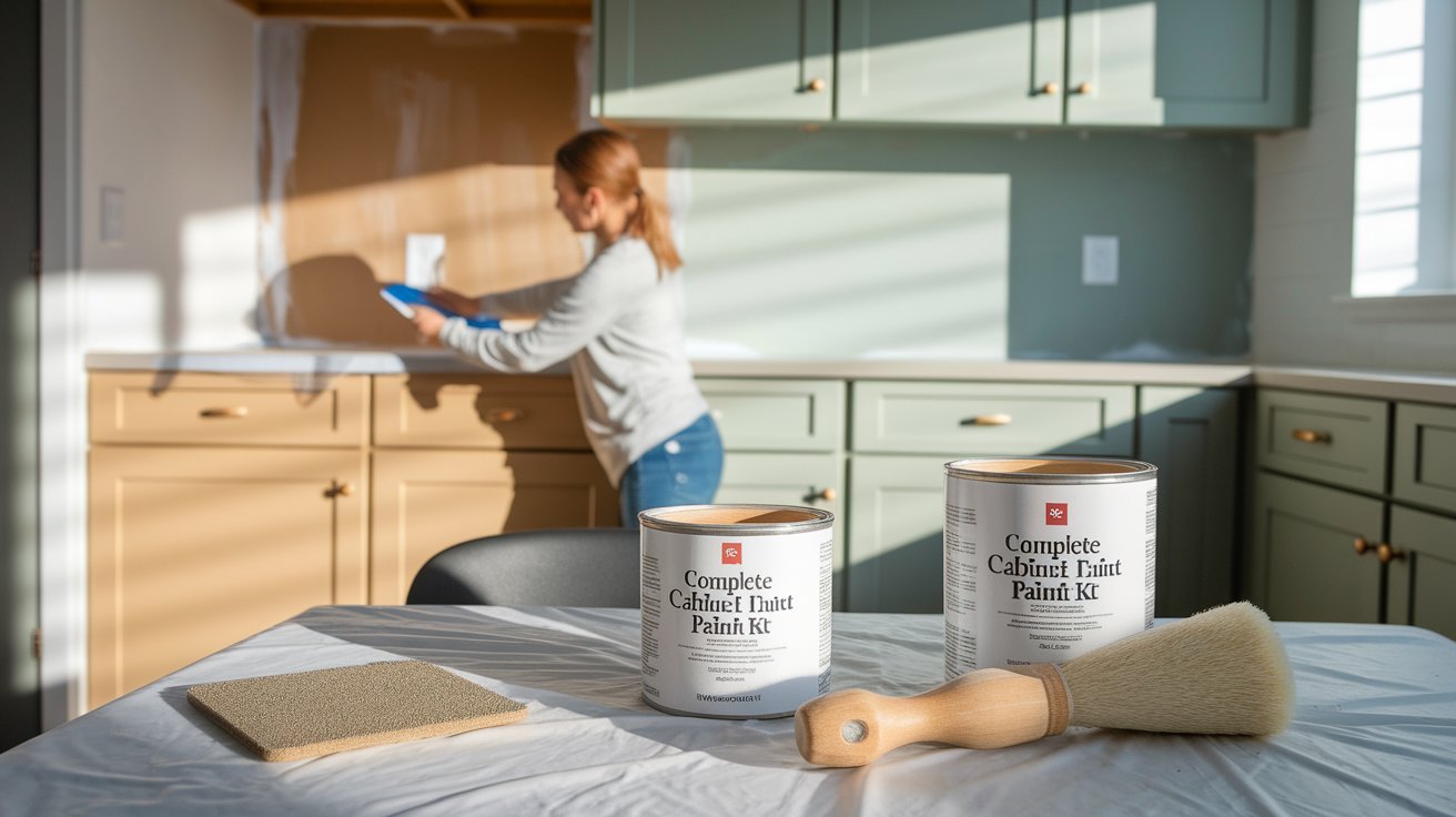 A woman painting kitchen cabinets with a brush, focused on achieving a smooth finish.
