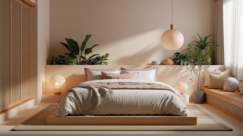 A cozy bedroom featuring a bed, a lamp, and several green plants for a fresh, inviting atmosphere.