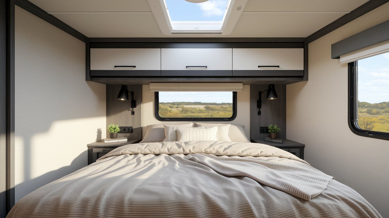 A serene bedroom with a neatly made bed and a skylight illuminating the room.