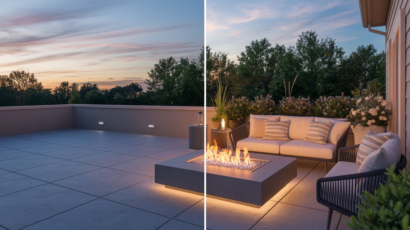 Two images of a patio featuring a cozy fire pit, showcasing different angles and settings for outdoor relaxation.
