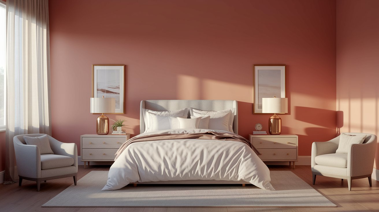 A cozy bedroom featuring pink walls and a neatly made bed, creating a warm and inviting atmosphere.