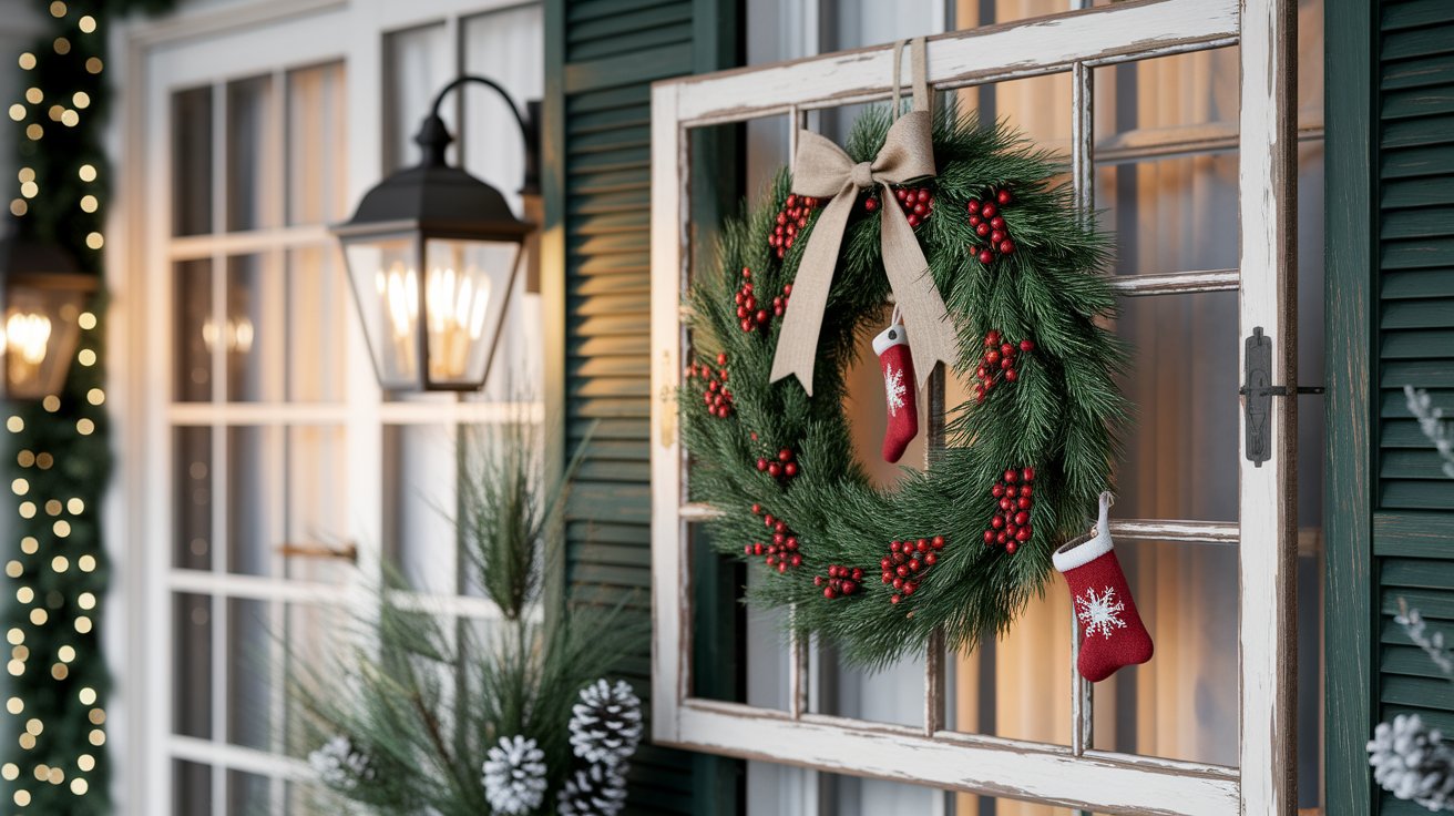 A festive window adorned with a wreath and colorful Christmas decorations, creating a warm holiday atmosphere.