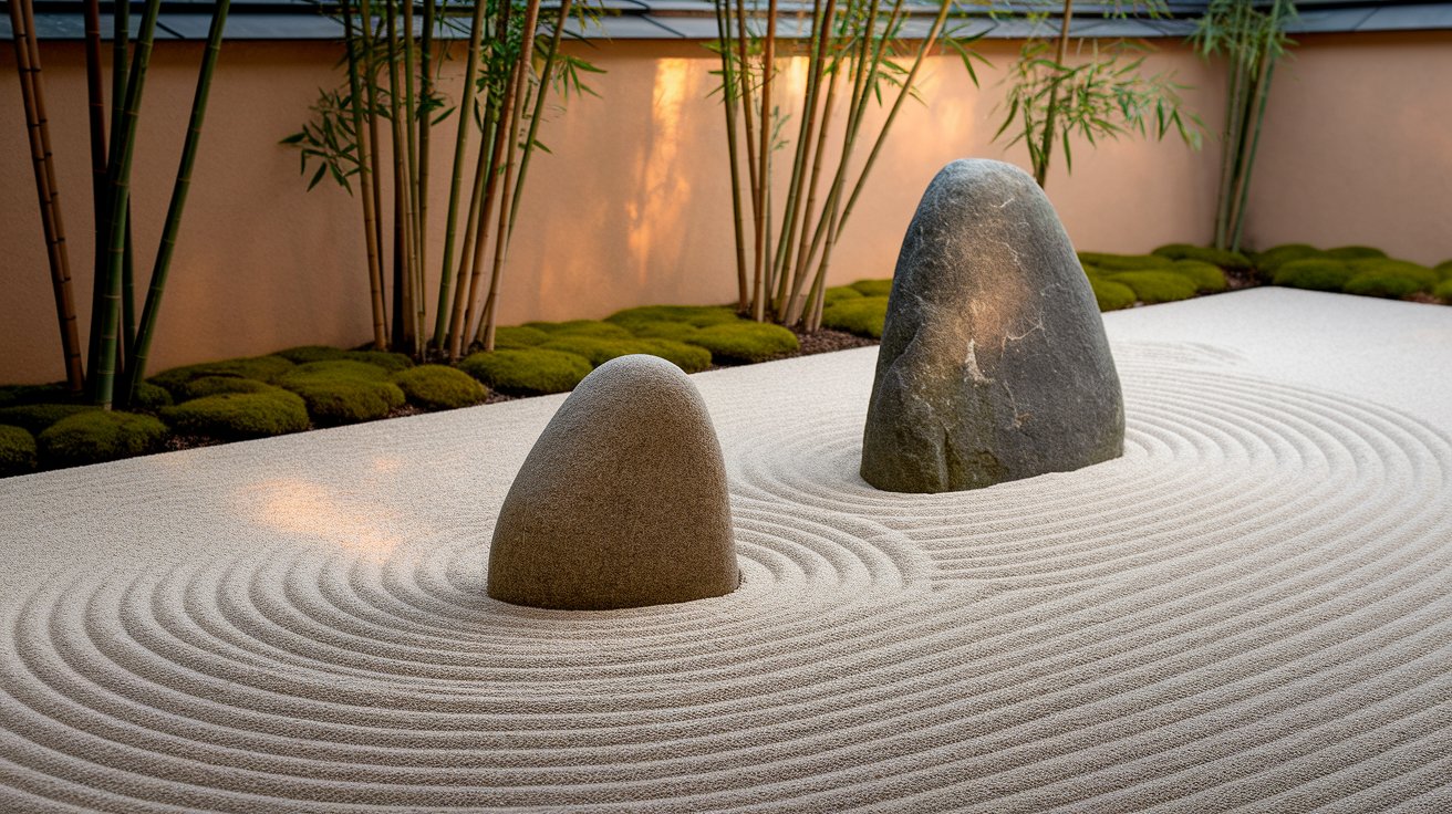 A serene zen garden featuring carefully arranged rocks and lush bamboo, promoting tranquility and mindfulness.