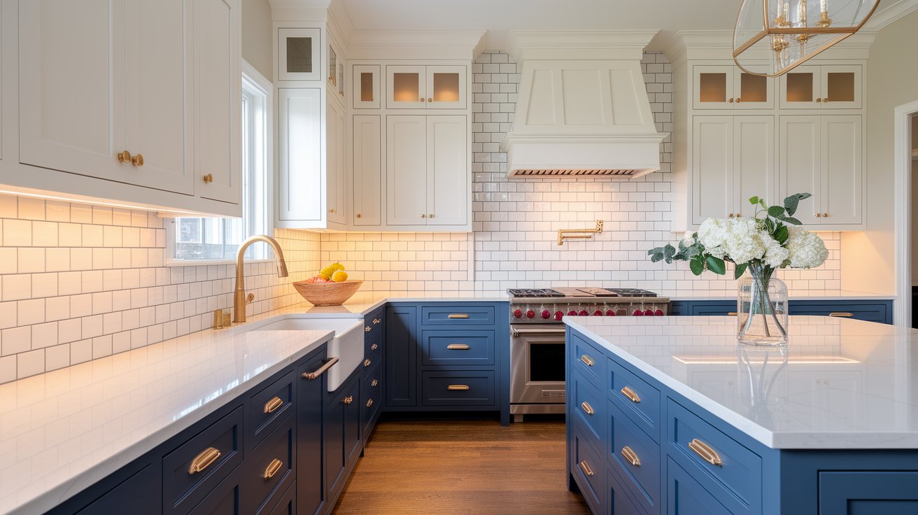 A modern kitchen featuring blue cabinets and white countertops, creating a bright and inviting atmosphere.