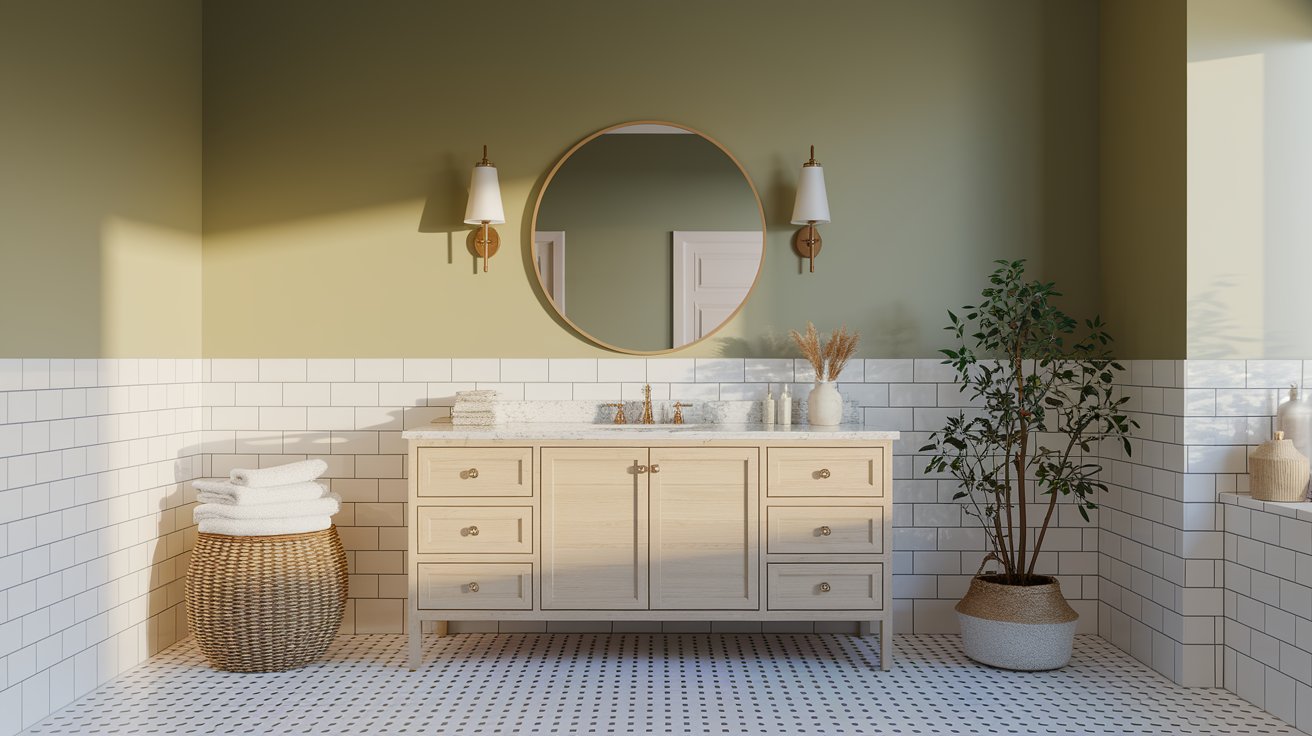 A bathroom featuring a white sink against vibrant green walls.