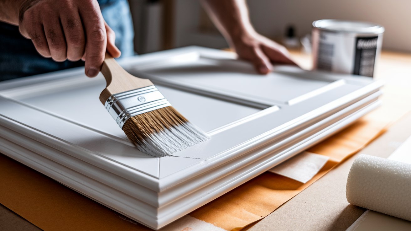 A man is painting a white cabinet with a brush, focusing intently on his work.
