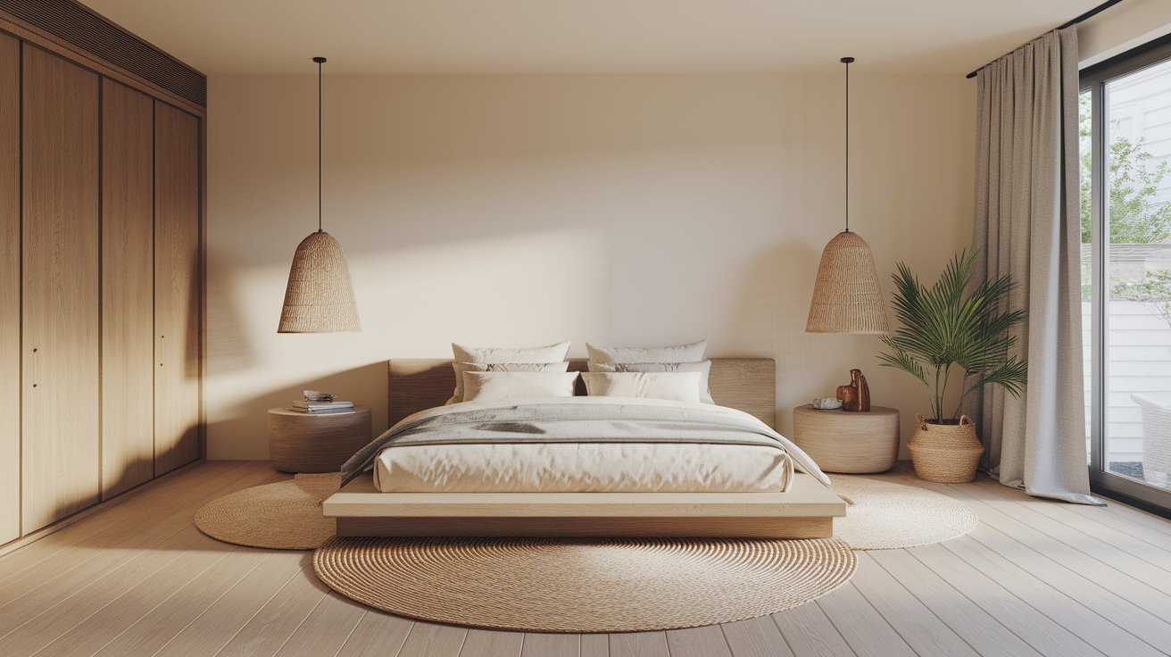 A contemporary bedroom showcasing a stylish bed and elegant wooden flooring.