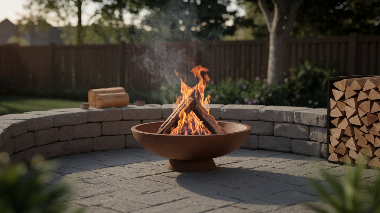 A backyard fire pit surrounded by logs and stacked firewood, ready for a cozy gathering.