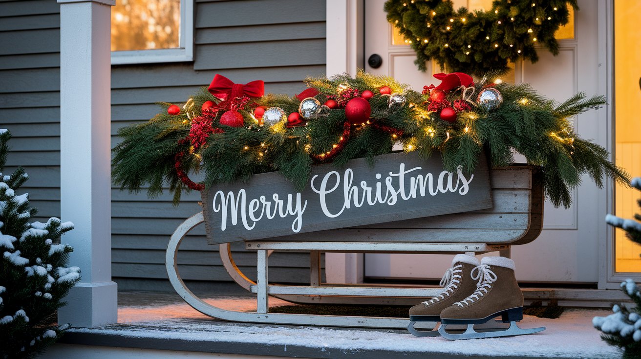 A festive Christmas sign on a front porch beside a skateboard, creating a cheerful holiday atmosphere.