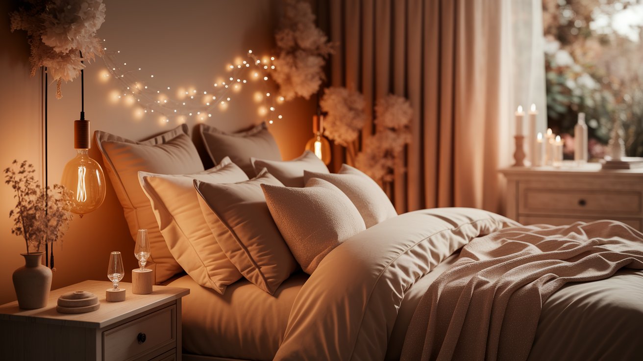 A cozy bedroom featuring a neatly made bed and a bedside lamp casting a warm glow.
