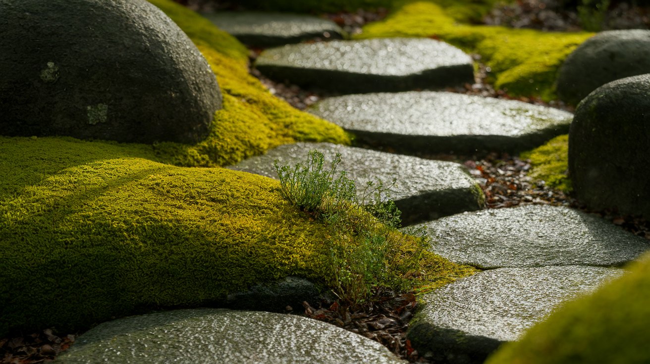 Garden pathway made of stepping stones surrounded by lush greenery and colorful flowers.