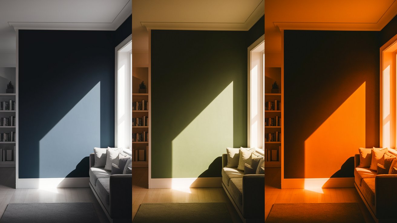 Three distinct colors of light stream through a window, creating a vibrant display on the surrounding surfaces.