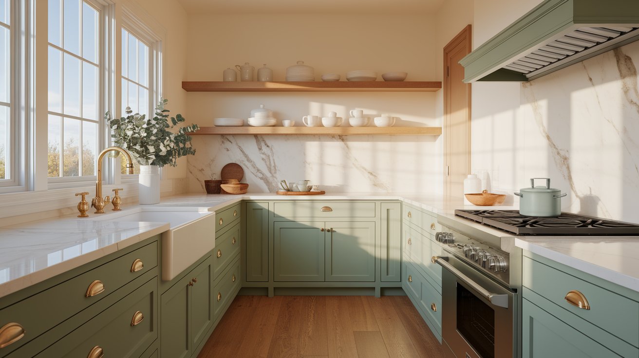 A modern kitchen featuring green cabinets and white countertops, creating a fresh and vibrant atmosphere.

