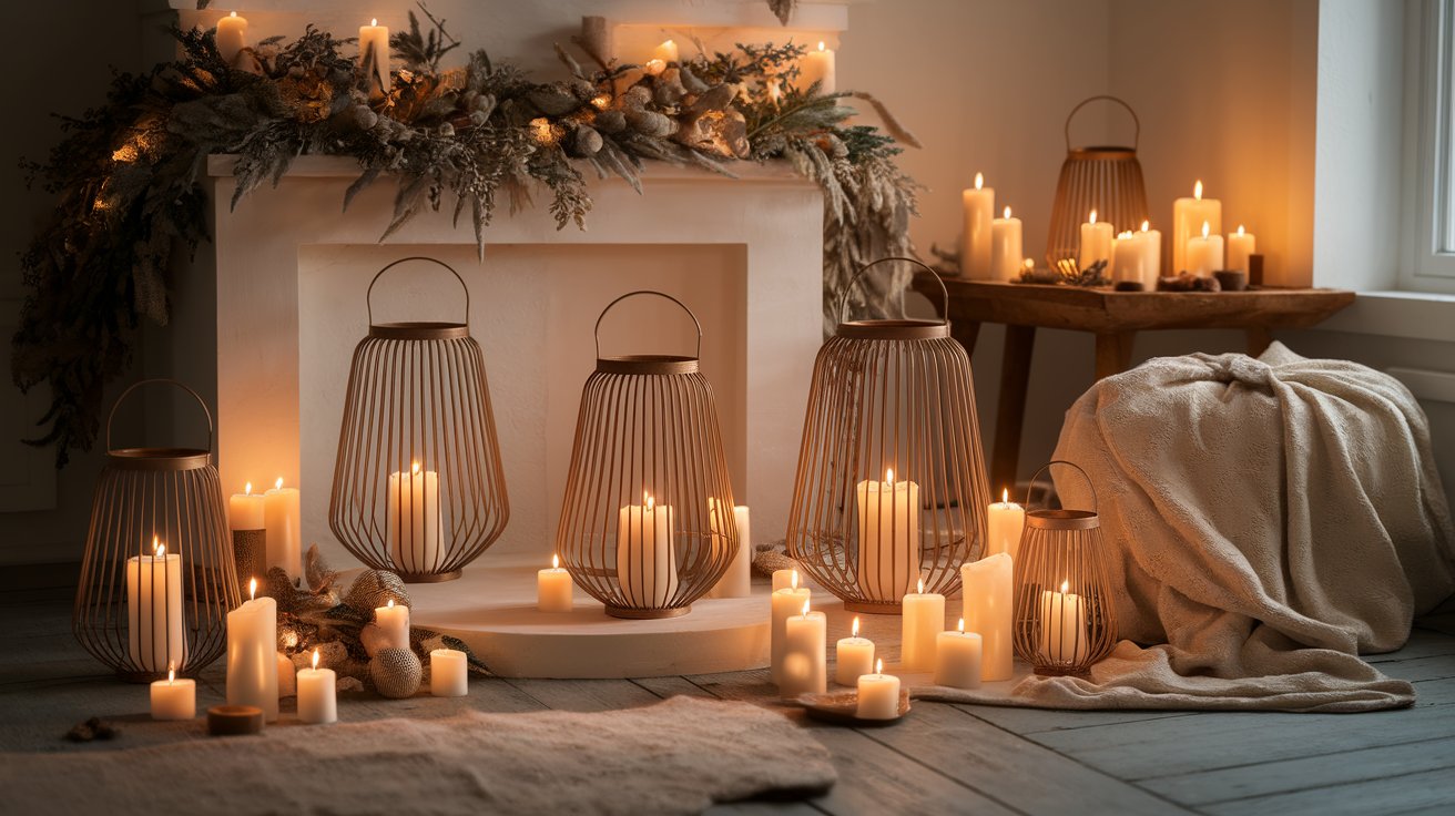 Lit candles are arranged in front of a cozy fireplace, creating a warm and inviting atmosphere.
