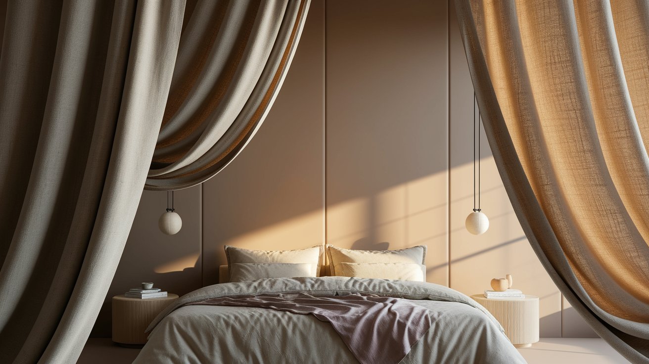 A cozy bedroom featuring a neatly made bed and elegant curtains framing the window.