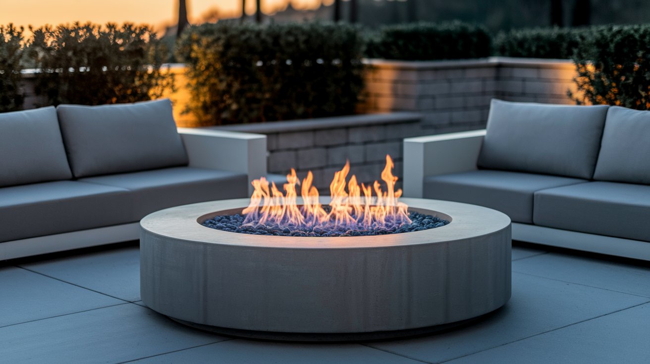 A modern outdoor fire pit surrounded by couches and a table, creating a cozy gathering space for relaxation.