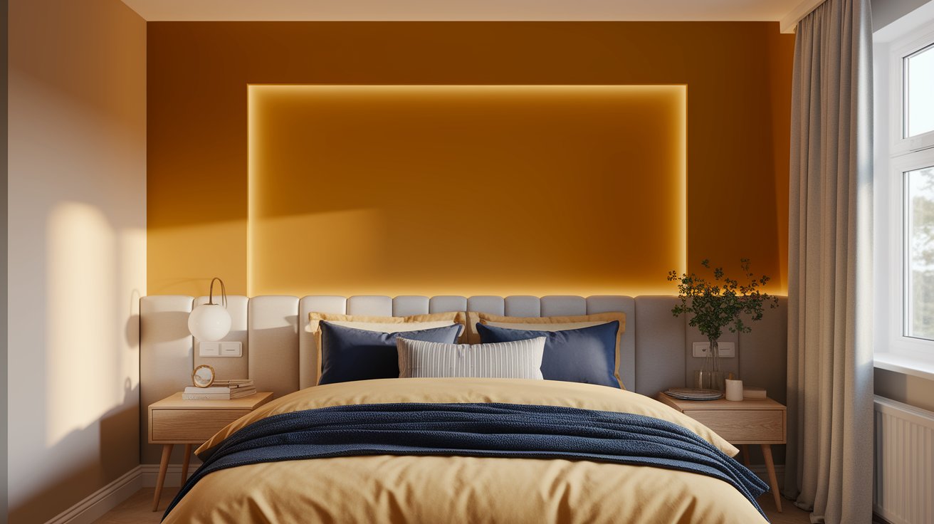 A bedroom with vibrant yellow walls and a comfortable blue bed, creating a cheerful atmosphere.
