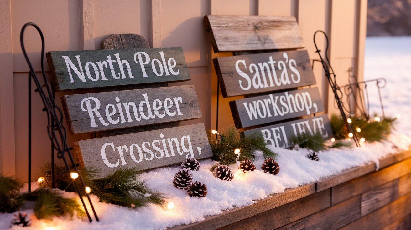 Christmas signs hang on a wooden fence, surrounded by a blanket of snow, creating a festive winter scene.
