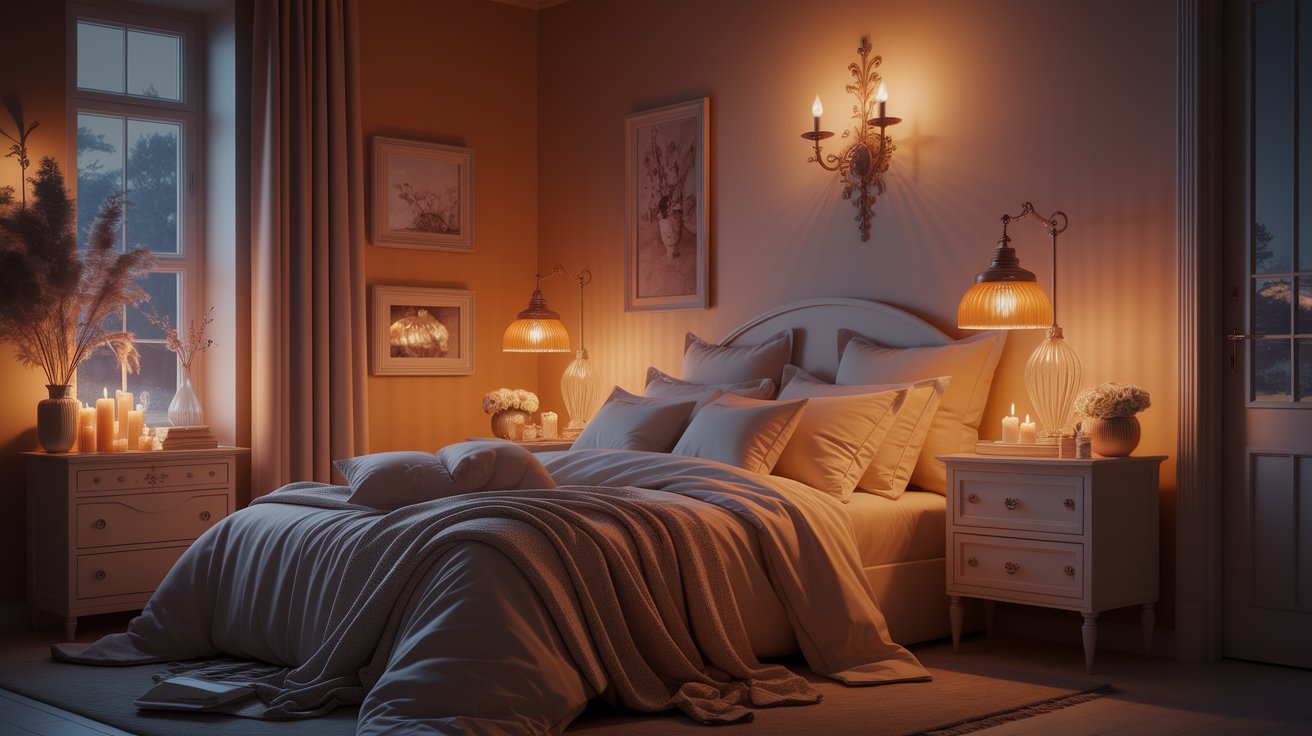 A cozy bedroom featuring a neatly made bed and a bedside lamp casting a warm glow.
