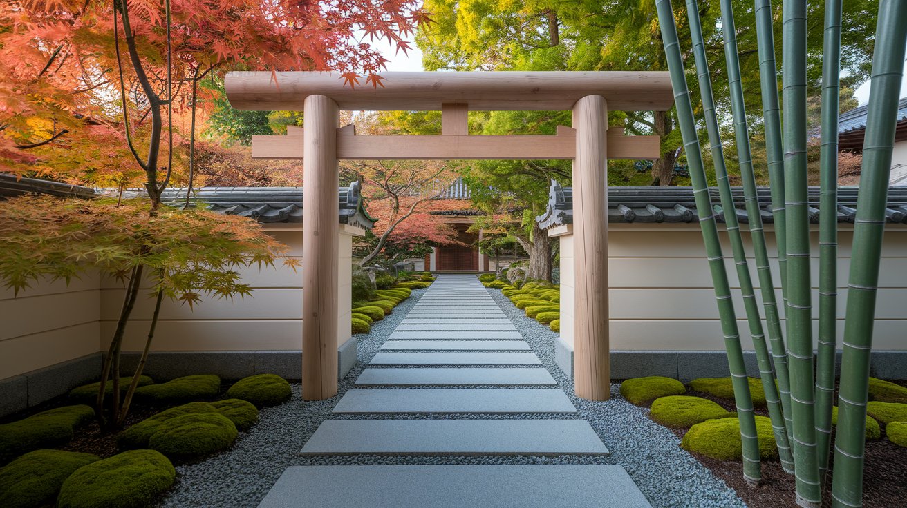 A serene Japanese garden featuring a stone path winding through lush bamboo trees.