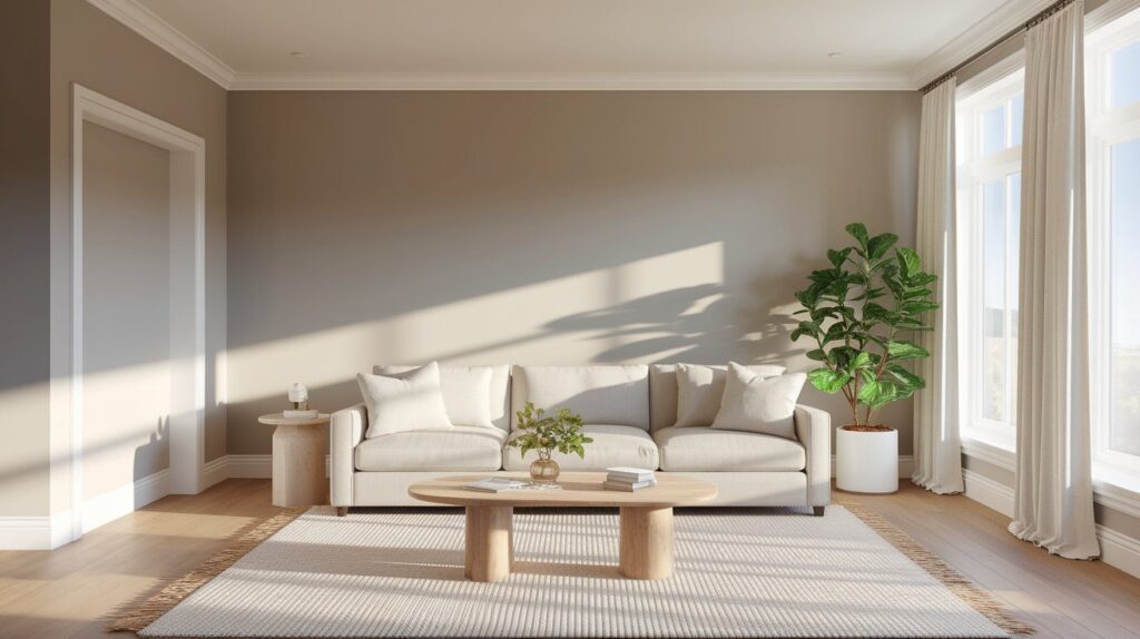 A modern living room showcasing a plush couch and a sleek table, designed for relaxation and socializing.