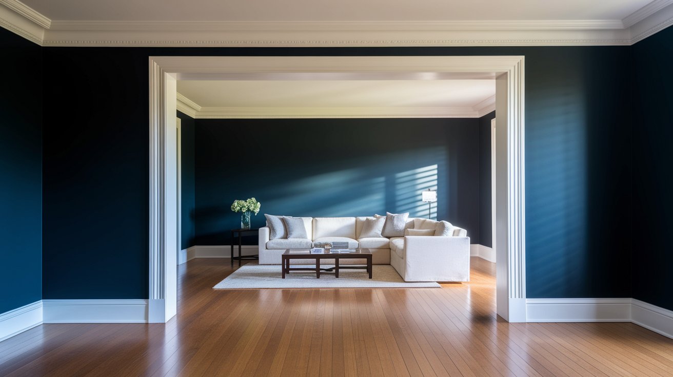 A room featuring dark blue walls and polished hardwood floors, creating a cozy and elegant atmosphere.