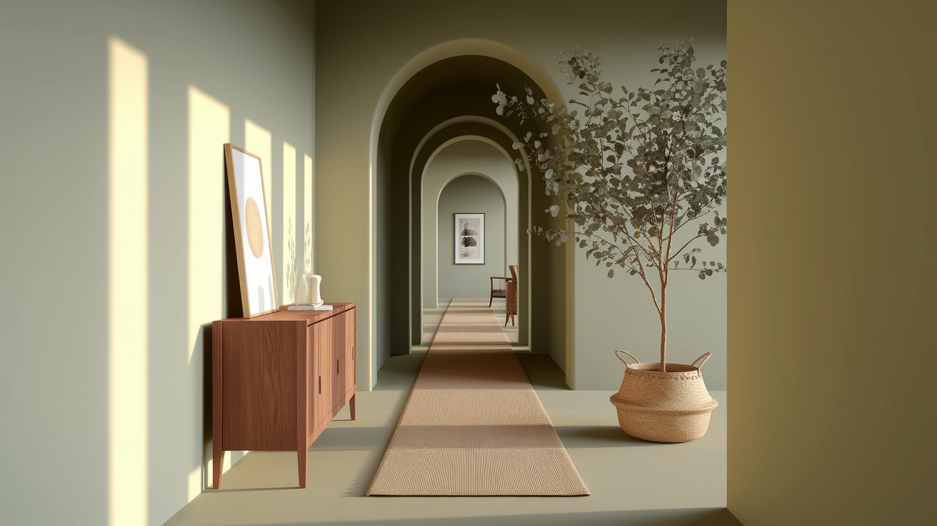 A hallway featuring a potted plant on the floor, adding a touch of greenery to the indoor space.