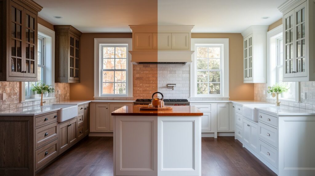 A modern kitchen featuring white cabinets and warm wood floors, creating a bright and inviting atmosphere.