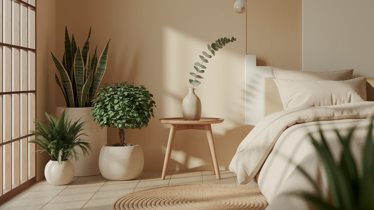 A cozy bedroom featuring a bed, a small table, and a vibrant potted plant by the window.
