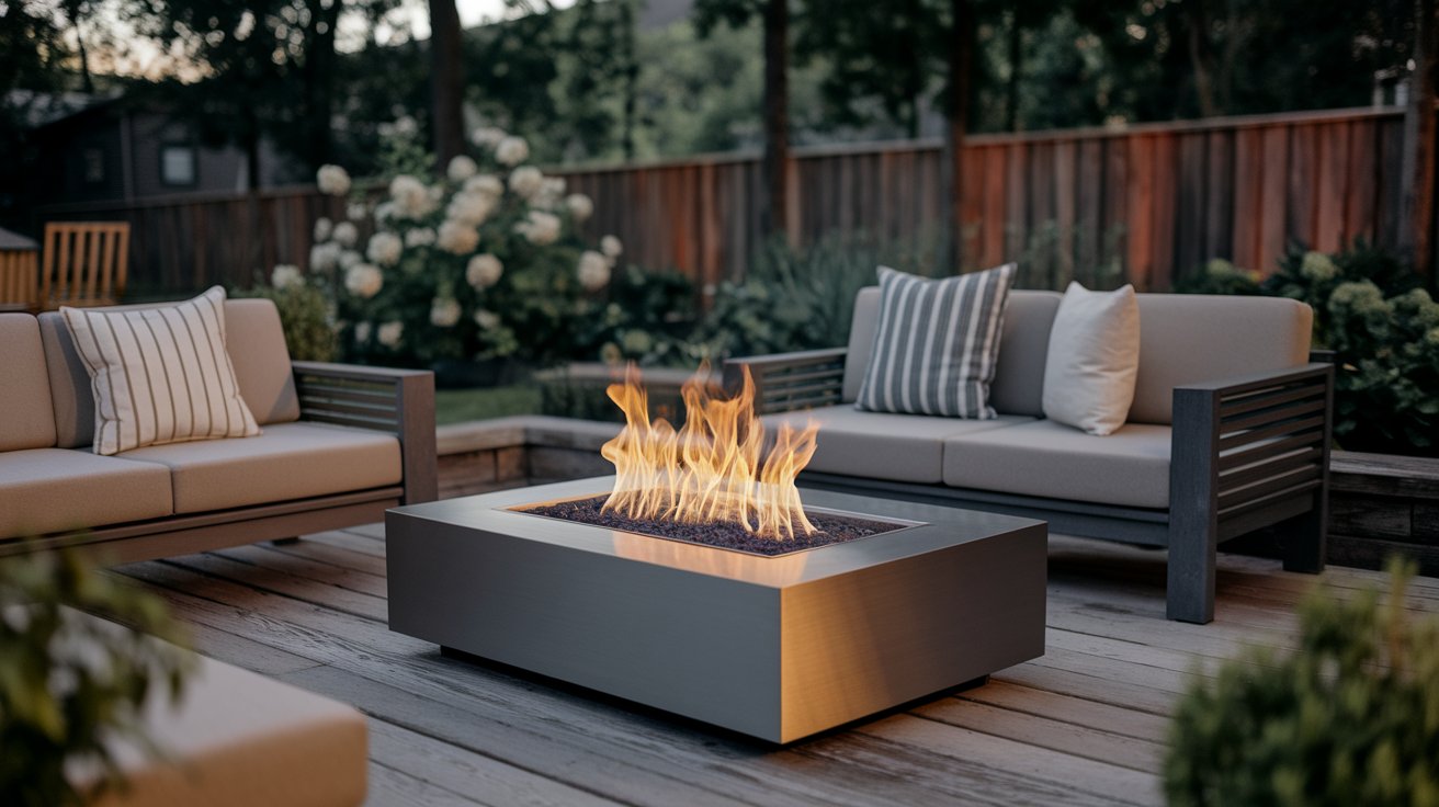 A sleek modern fire pit set on a wooden deck, surrounded by a cozy outdoor seating area.