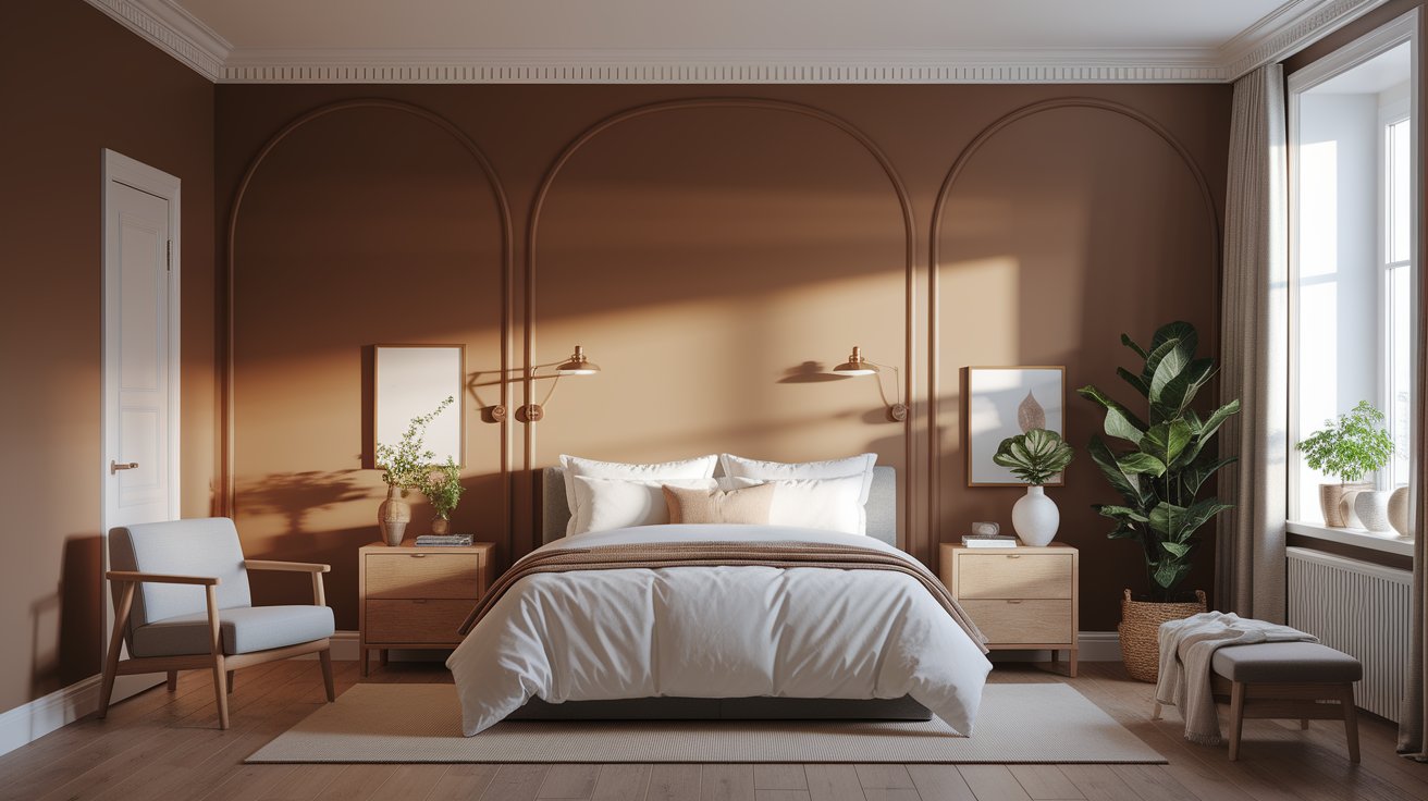A cozy bedroom featuring brown walls and a neatly made bed, creating a warm and inviting atmosphere.