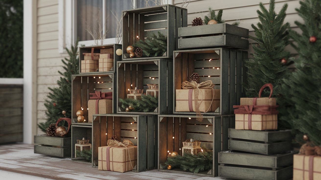 A wooden crate topped with colorful Christmas presents, creating a festive holiday display.