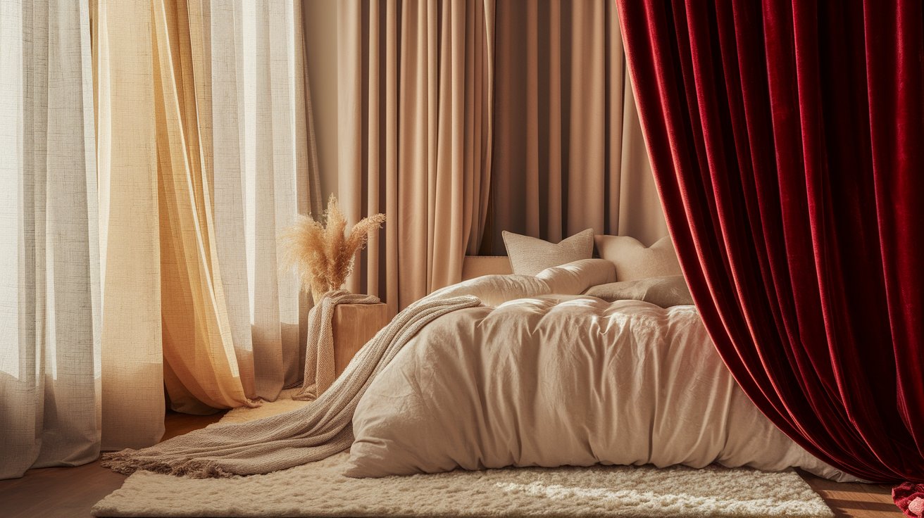 A stylish bed featuring rich red curtains and plush pillows, enhancing the room's elegant decor.