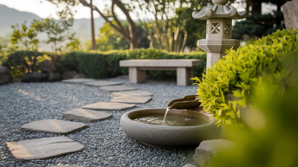 A stone bowl with water cascading gently from its rim, creating a serene and tranquil atmosphere.