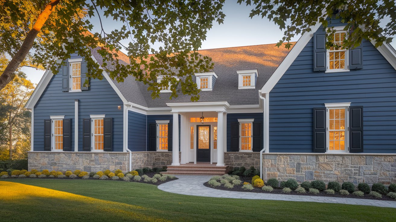 A blue house with white trim and shutters, showcasing a charming exterior.
